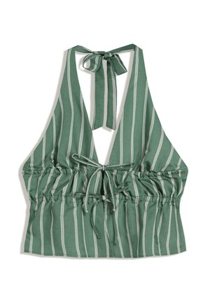 Top halter a strisce verdi con scollatura a V profonda e allacciatura sul retro, con vita elasticizzata. Casual e alla moda per il clima caldo.