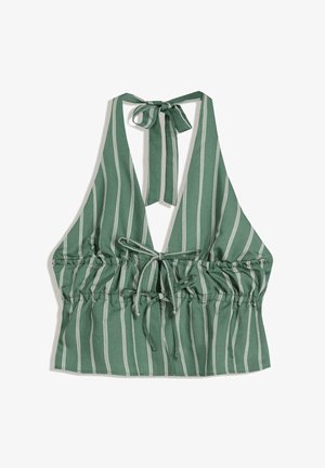 Green striped halter top featuring a deep V-neck and a tied back with elasticized waist. Casual and stylish for warm weather.