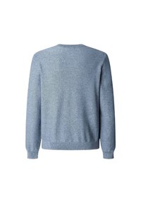 Blauer Strickpullover mit strukturiertem, meliertem Muster, Rundhalsausschnitt und gerippten Bündchen und Saum, mit langen Ärmeln und einem lässigen Schnitt.