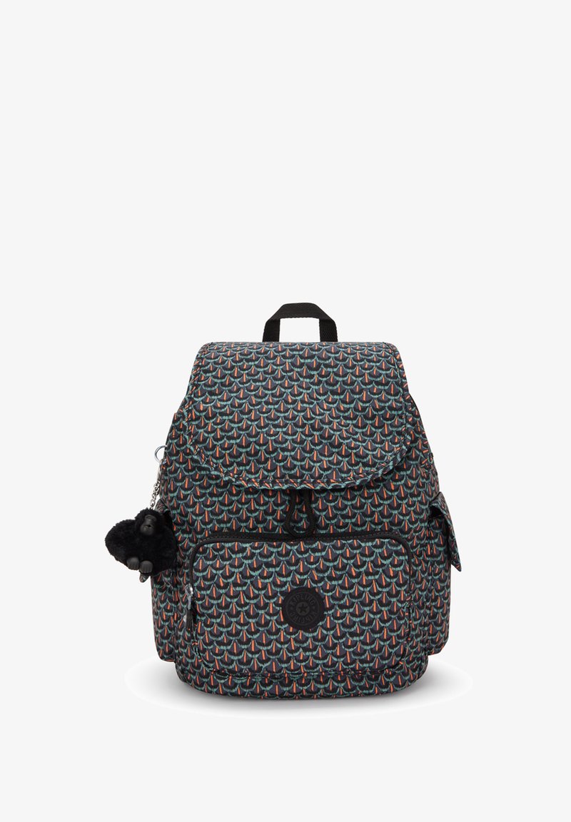 Backpack with a dark patterned fabric featuring geometric shapes in red and teal. Includes a front pocket and a plush gorilla accessory.