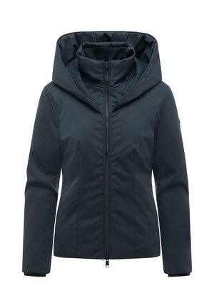 Donker marineblauw gewatteerd winterjack met capuchon, volledige voorrits en aangesloten lange mouwen, getoond tegen een witte achtergrond.