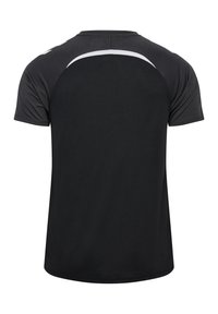 T-shirt de sport noir à manches courtes, avec un tissu texturé et une bande blanche contrastante le long des épaules.