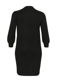 Black knitted dress featuring a crew neck, long balloon sleeves, and a fitted silhouette. Smooth texture with a solid color.