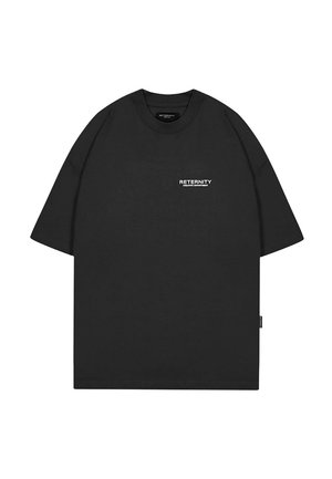 Schwarzes übergroßes T-Shirt aus Baumwolle mit kurzen Ärmeln und Rundhalsausschnitt. Auf der Vorderseite steht "RETENRITY" in weißer Schrift.