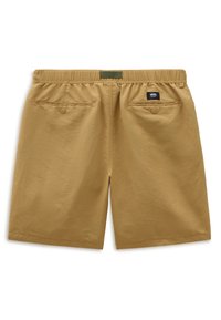 Pantalones cortos caqui hechos de un material ligero y suave con una cintura elástica, que cuentan con dos bolsillos traseros y una etiqueta de marca en la parte posterior.