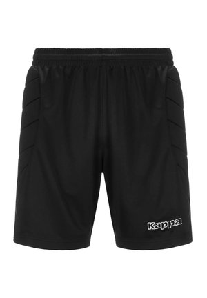 Short de sport noir avec côtés rembourrés et taille élastique, avec le logo blanc "Kappa" sur la partie inférieure de la jambe droite.