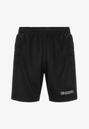 Short de sport noir avec côtés rembourrés et taille élastique, avec le logo blanc "Kappa" sur la partie inférieure de la jambe droite.
