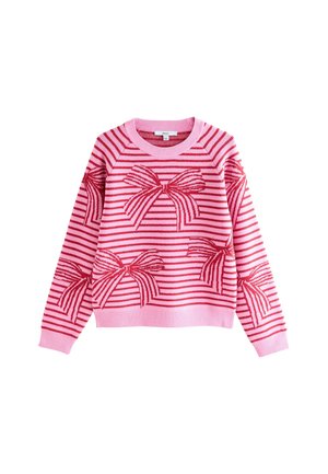 Maglione rosa a maniche lunghe con strisce orizzontali rosse e grandi motivi a fiocco rosso sulla parte anteriore e sulle maniche, polsini e scollatura a coste.