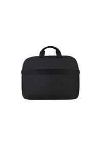 Borsa per laptop nera con chiusura a zip, manico resistente e parte frontale testurizzata, con dettagli a striscia orizzontale. Realizzata in materiale durevole.