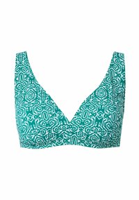 Bikini top v tyrkysovém vzoru s trojúhelníkovými košíčky, širokými ramínky a jemným V výstřihem. Materiál vypadá elasticky a texturovaně.