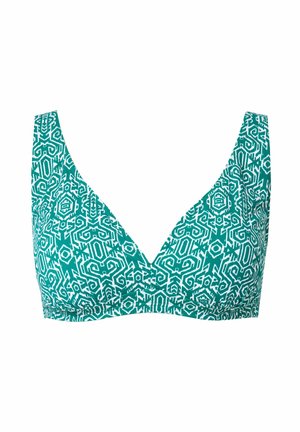 Teal gekleurde bikini-top met een driehoekig cupdesign, brede bandjes en een subtiele V-halslijn. Het materiaal lijkt rekbaar en gestructureerd.