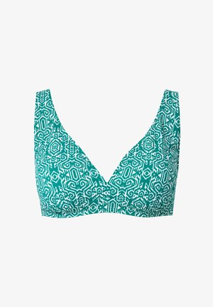 Bikini top v tyrkysovém vzoru s trojúhelníkovými košíčky, širokými ramínky a jemným V výstřihem. Materiál vypadá elasticky a texturovaně.