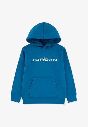 Kék pamut kapucnis pulóver elülső zsebbel, fehér "JORDAN" logóval és sárga díszítéssel, puha tapintású, zsinóros kapucnival.