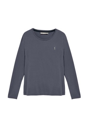 Grijs T-shirt met lange mouwen van zachte stof, met een ronde halslijn en een klein logo op de borst. Eenvoudig, minimalistisch ontwerp.