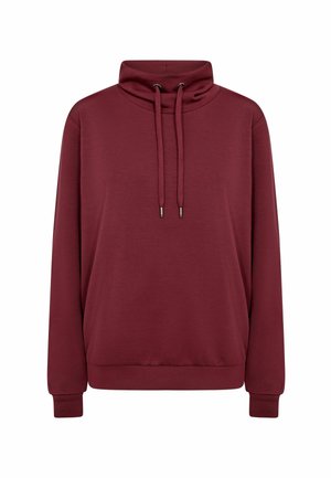Maroon long-sleeve sweatshirt with a high funnel neck and adjustable drawstrings, featuring ribbed cuffs and hem.