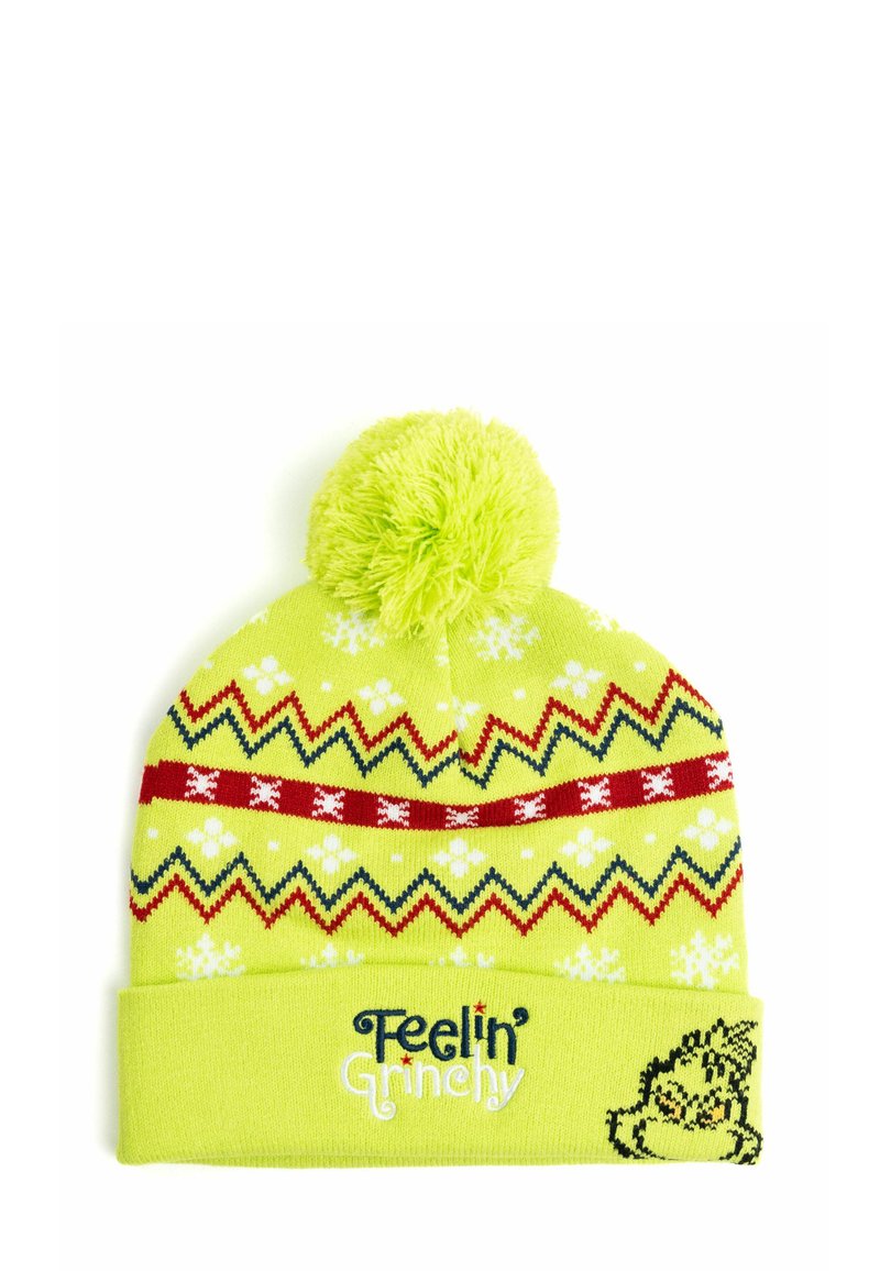 Berretto di maglia verde con pompon, caratterizzato da un motivo a zigzag in rosso e blu, fiocchi di neve e testo "Feelin' Grinchy" con una grafica del Grinch.