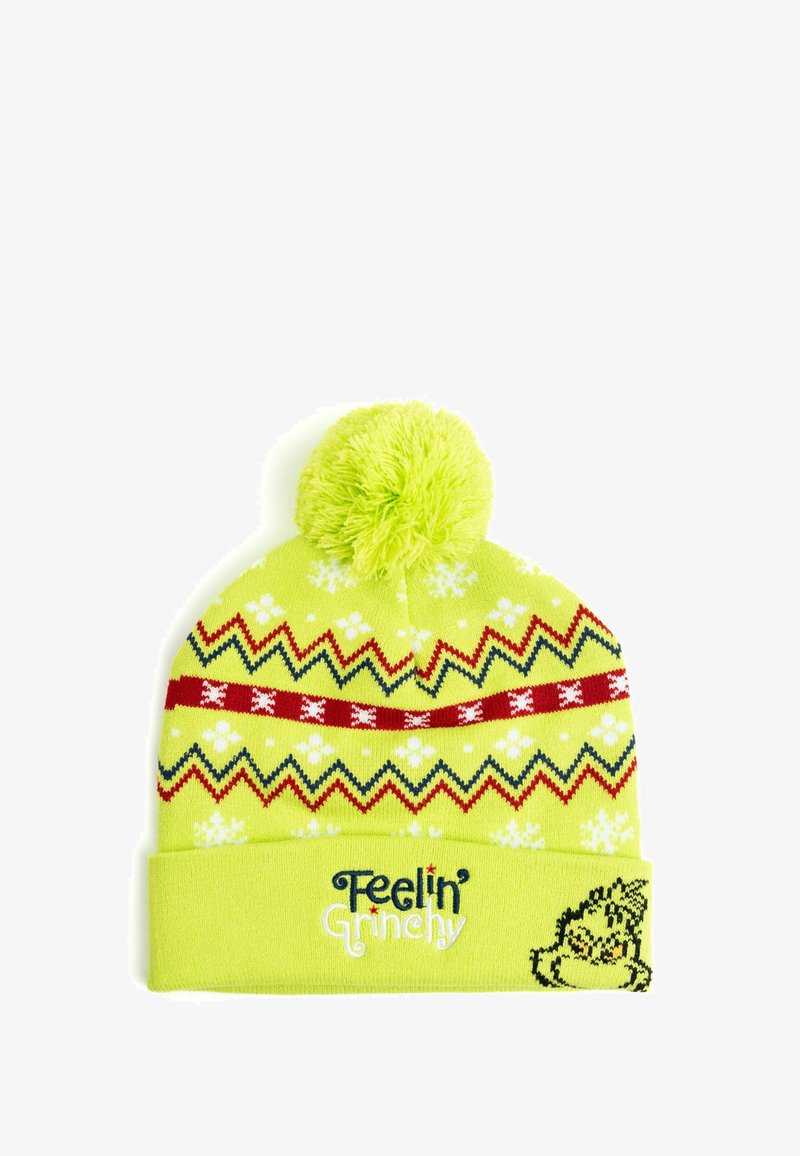 Berretto di maglia verde con pompon, caratterizzato da un motivo a zigzag in rosso e blu, fiocchi di neve e testo "Feelin' Grinchy" con una grafica del Grinch.