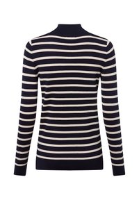 Navy und creme gestreifter Pullover mit hohem Kragen, langen Ärmeln, weichem Stricktextur sowie gerippten Bündchen und Saum.