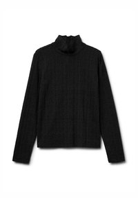 Top nero a maniche lunghe con collo alto e un motivo a maglia testurizzato. Presenta una vestibilità dritta e una lunghezza leggermente cropped.
