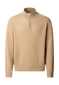 Pullover beige in misto lana, con colletto alto e mezza cerniera, polsini e orlo a coste, e una finitura morbida e testurizzata.