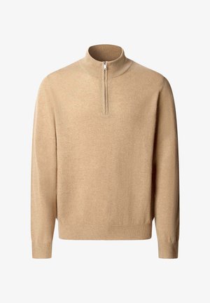 Pullover beige in misto lana, con colletto alto e mezza cerniera, polsini e orlo a coste, e una finitura morbida e testurizzata.