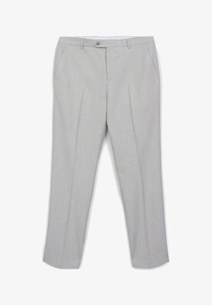 Light gray linen trousers with a flat front, two side pockets, and a single button closure. Features a straight leg design and subtle texture.