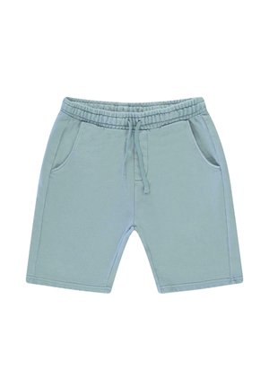 Lichtblauwe katoenen shorts met een elastische tailleband en trekkoord. Voorzien van twee zijzakken en een eenvoudig ontwerp zonder zichtbare patronen.