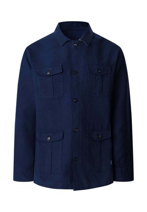 Marineblaue, knöpfbare Jacke mit vier geknöpften Klappentaschen und klassischem Kragen, hergestellt aus einem strukturierten Stoff.