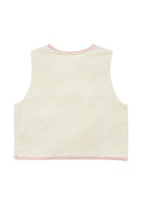 Weißes Baumwoll-Crop-Top mit rundem Ausschnitt und rosa Wellenband entlang des Ausschnitts und des unteren Saums, mit ärmellosem Design.