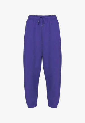 Purple sweatpants with an elastic waistband and adjustable drawstring. Features ribbed cuffs and straight leg design, made from soft material.
