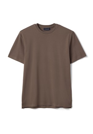 Plain short-sleeve crew neck t-shirt in solid muted brown color with a small brand label on the inside neckline.