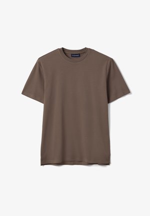 Plain short-sleeve crew neck t-shirt in solid muted brown color with a small brand label on the inside neckline.