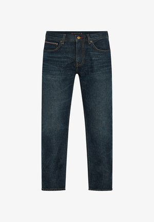 Mørkeblå denimjeans med rett passform, med fem lommer, kobbernitter og diskrete sømdetaljer langs sømmene.