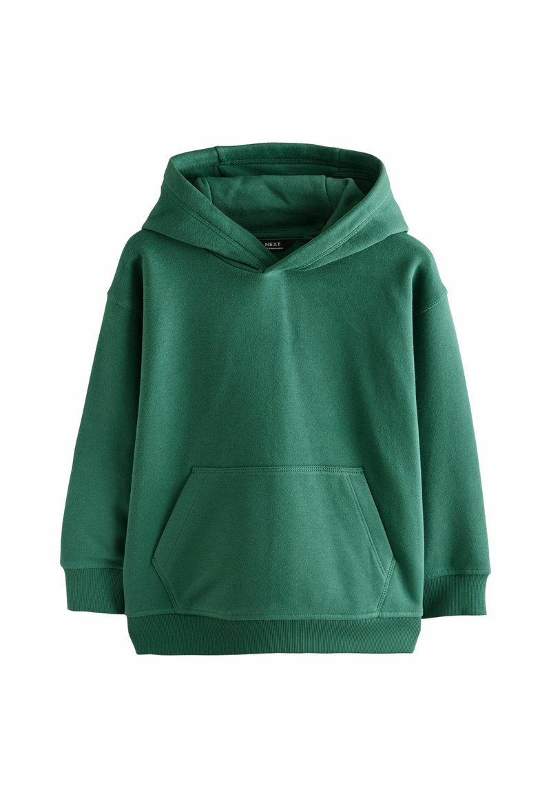 Grön hoodie i mjukt bomullsblandning. Har en framficka, bred huva och ribbade muddar. Slät textur och avslappnad passform.