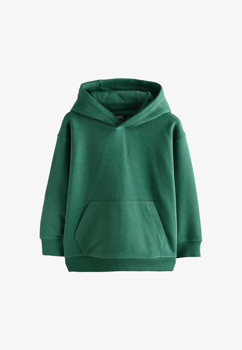 Felpa verde realizzata in morbido misto cotone. Presenta una tasca frontale, un cappuccio ampio e polsini a coste. Texture liscia con vestibilità rilassata.