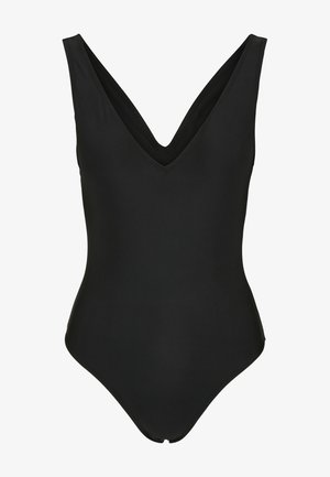 Črn enodelni kopalni kostim z globokim V-izrezom in širokimi naramnicami, izdelan iz gladkega, elastičnega materiala. Ima eleganten, minimalističen dizajn.