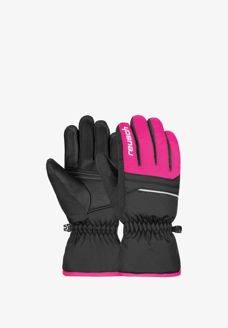 Guanti neri con accenti rosa, palmi in pelle, polsini elasticizzati e dettagli riflettenti. Progettati per calore e protezione.