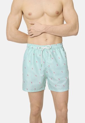 Hombre sin camiseta que lleva pantalones de baño de rayas azul claro y blanco con pequeños patrones de flamencos rosas y un cordón blanco para ajustar.