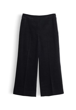 Zwarte wijde corduroy broek met elastische tailleband, voorzien van verticale naden en een cropped lengte.
