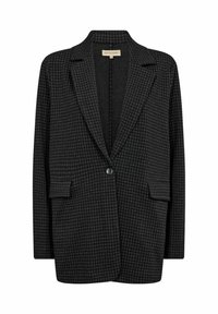 Schwarz-weißer Hahnentritt-Blazer mit einem einzelnen Knopfverschluss, Reverskragen und zwei vorderen Taschen. Weicher Stoff.