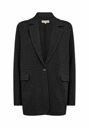 Blazer à motif pied-de-poule noir et gris, doté d'une fermeture à un bouton, de revers crantés et de deux poches avant. Texture de tissu douce.