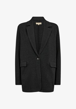 Fekete és szürke hounds-tooth mintás zakó, egy gombos záródással, kivágott hajtókákkal és két elülső zsebbel. Puha szövettextúra.