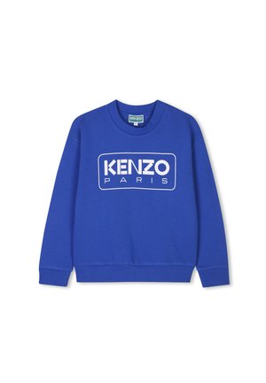 Felpa blu in misto cotone, con collo rotondo e polsini a costine. Presenta la scritta "KENZO PARIS" in grassetto bianco sul davanti.