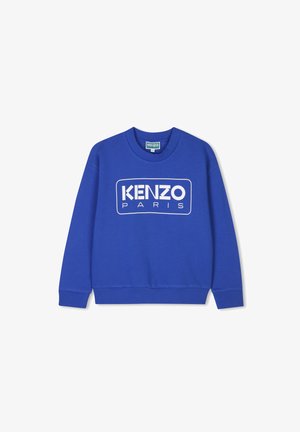 Felpa blu in misto cotone, con collo rotondo e polsini a costine. Presenta la scritta "KENZO PARIS" in grassetto bianco sul davanti.