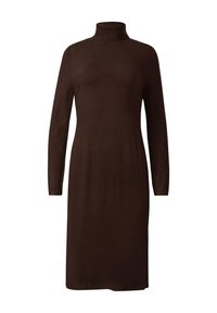 Dunkelbraunes, langärmliges Strickkleid in knielanger Länge mit einem Stehkragen, geradem Schnitt und ohne sichtbare Verzierungen oder Muster.