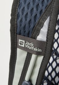 Jack Wolfskin Rucksackträger mit einer dunkelblauen Mesh-Oberfläche, hellgrünem Stoff und einem grauen Logopatch. Akzente umfassen schwarze Kanten.