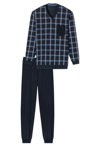 Geruit lounge set met een langslavend V-hals top in marineblauw, lichtblauw en grijze kleuren, voorzien van een borstzak, gecombineerd met effen marineblauwe broek.