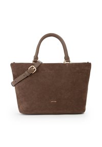 Borsa a mano in suede marrone con due manici arrotondati, tracolla regolabile con fibbia dorata e piccolo logo dorato "MIRIADE" sul fronte.