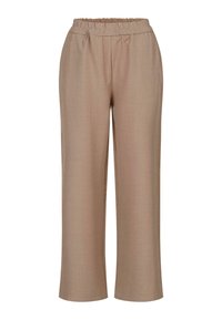 Beige, wijde-légbroek van een zachte, textuurstof. Voorzien van een elastische tailleband met plooien voor comfort en gebruiksgemak.