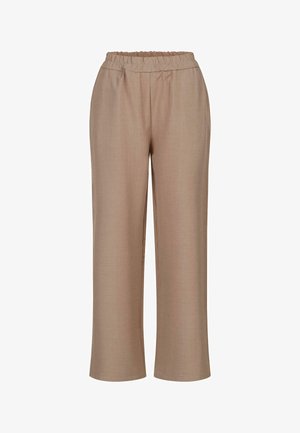 Pantalons beige à jambes larges fabriqués dans un tissu doux et texturé. Dotés d'une taille élastique avec fronces pour le confort et la facilité de port.